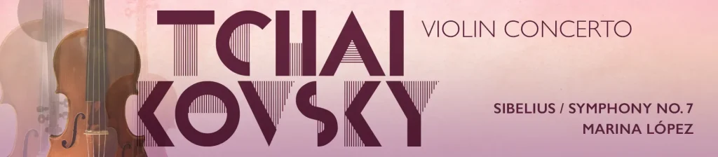 Image of Tchaikovsky Violin Concerto + Sibelius Symphony No. 7 banner with a stylized cello/violin